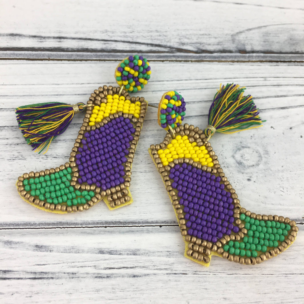Mardi Gras beaded marching boots earrings