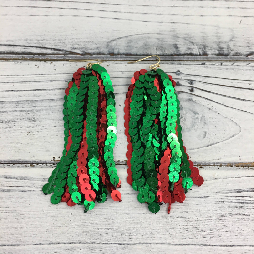 Xmas red and green sequin tassel earrings