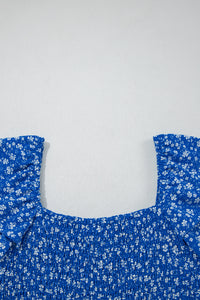 Blue Ditsy Floral Print Smocked Square Neck Ruffle Short Sleeve Dress
