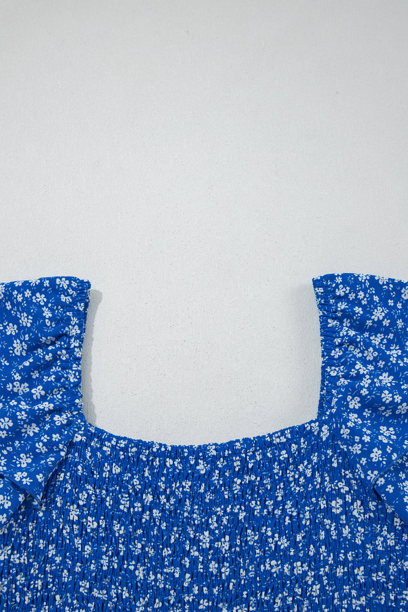 Blue Ditsy Floral Print Smocked Square Neck Ruffle Short Sleeve Dress