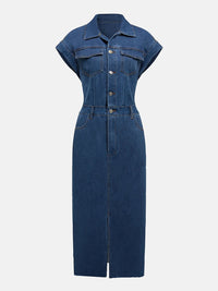 Slit Half Button Collared Neck Cap Sleeve Denim Dress