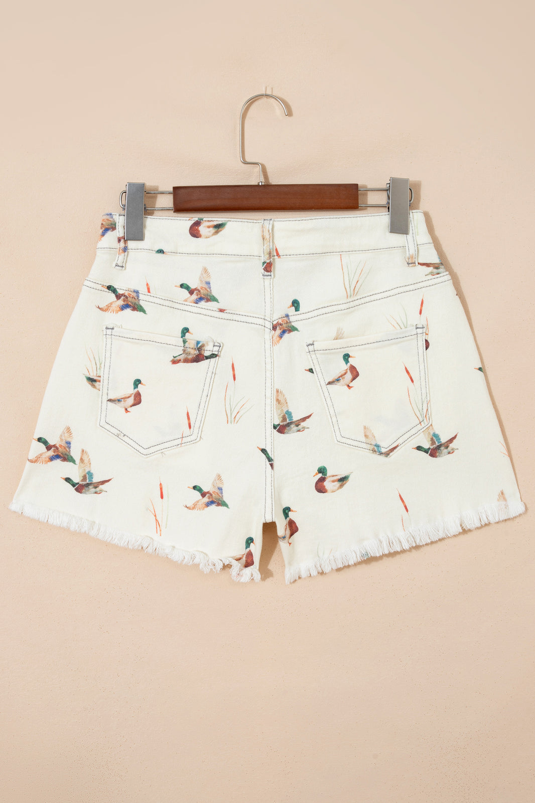 Beige Wild Duck Mallard High Waist Frayed Denim Shorts