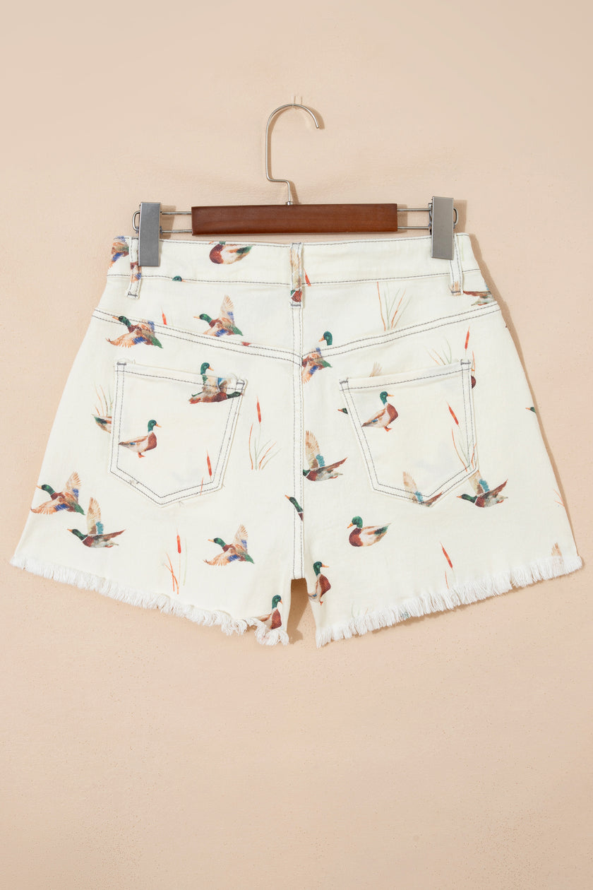 Beige Wild Duck Mallard High Waist Frayed Denim Shorts