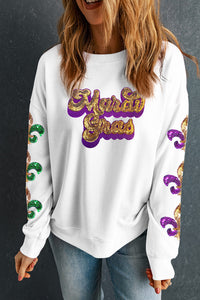 Beige Sequin Mardi Gras Patched Pattern Fleur de Lis Sleeve Sweatshirt