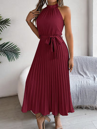 Pleated Tie Waist Sleeveless Midi Dress