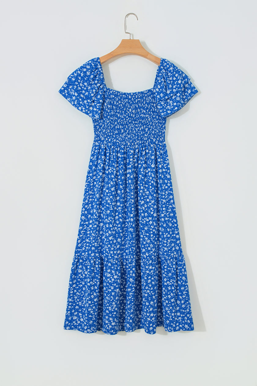 Blue Ditsy Floral Print Smocked Square Neck Ruffle Short Sleeve Dress