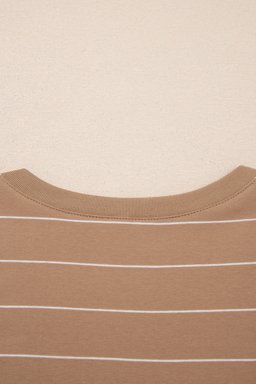 Khaki Stripe Casual Short Sleeve Side Slit Maxi T Shirt Dress