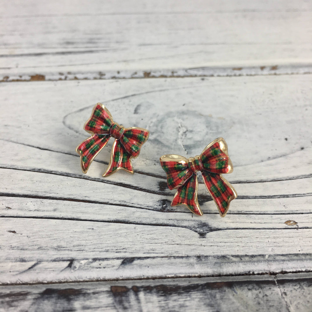 Xmas plaid ribbon post earrings