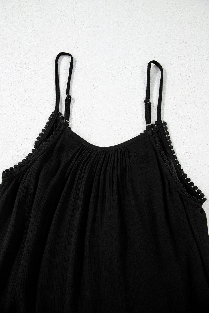 Black Floral Embroidery Ruffled Spaghetti Straps Tank Top