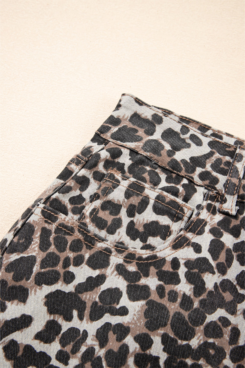 Khaki Leopard Denim Mini Skirt