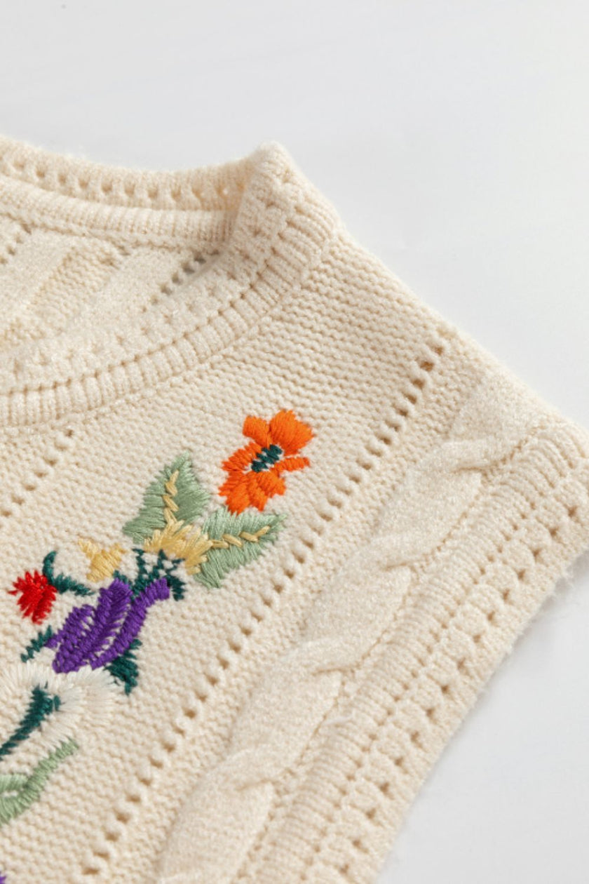 Embroidered Cable-Knit Round Neck Sweater Vest