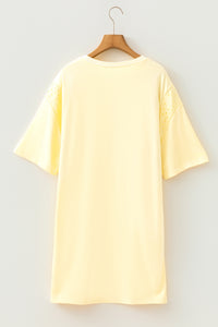 Yellow Cream Eyelet Embroidered Lace Splicing Sleeve Loose T Shirt Dress