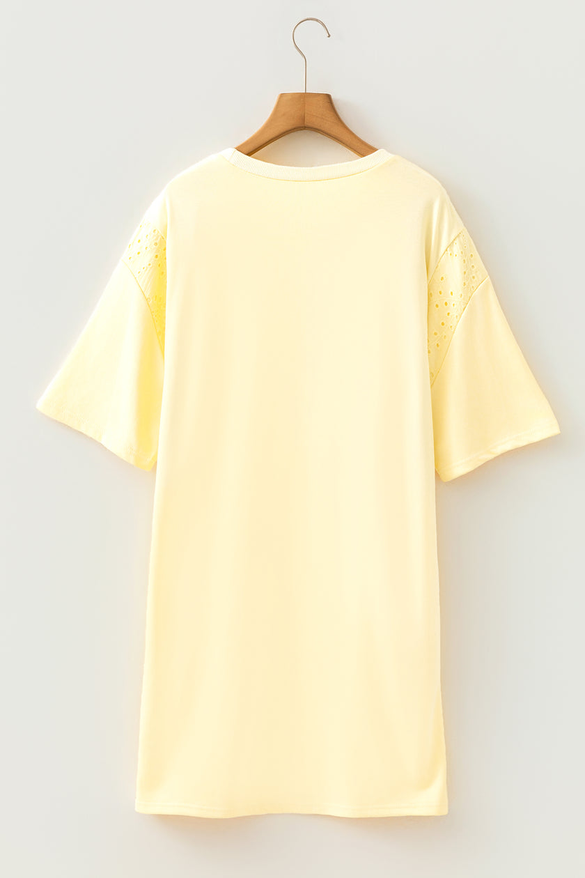 Yellow Cream Eyelet Embroidered Lace Splicing Sleeve Loose T Shirt Dress