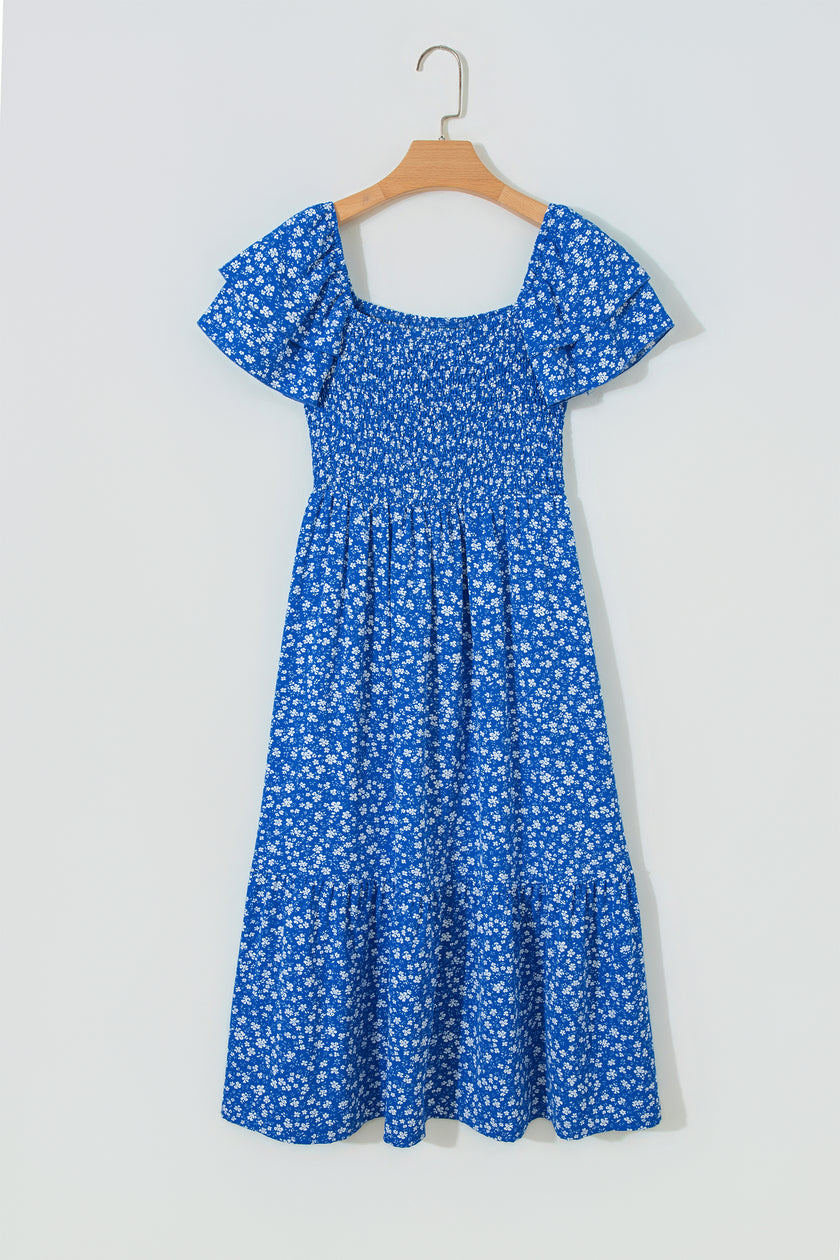 Blue Ditsy Floral Print Smocked Square Neck Ruffle Short Sleeve Dress