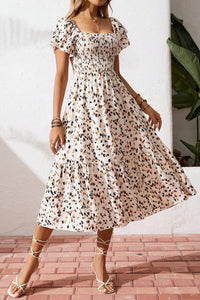 Blue Ditsy Floral Print Smocked Square Neck Ruffle Short Sleeve Dress