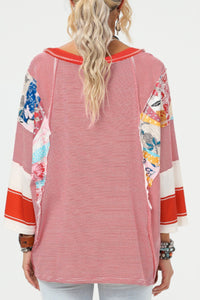 Striped Floral Patchwork Round Neck Top