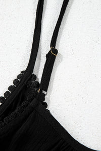 Black Floral Embroidery Ruffled Spaghetti Straps Tank Top