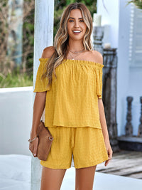 Full Size Off-Shoulder Short Sleeve Top and Tied Shorts Set