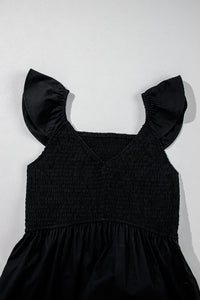 Black V Neck Flutter Sleeve Smocked Bodice High Waist Ruffle Maxi Dress