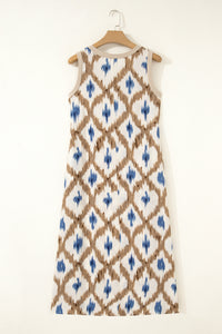 Khaki Boho Abstract Print V Neck Sleeveless Long Dress