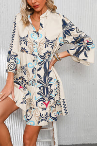 White Printed Tribal Bracelet Sleeve Buttoned Mini Dress