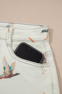 Beige Wild Duck Mallard High Waist Frayed Denim Shorts