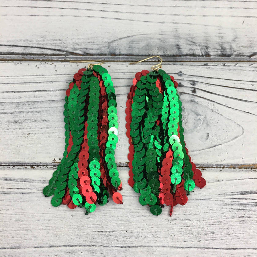 Xmas red and green sequin tassel earrings