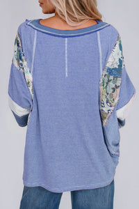 Striped Floral Patchwork Round Neck Top