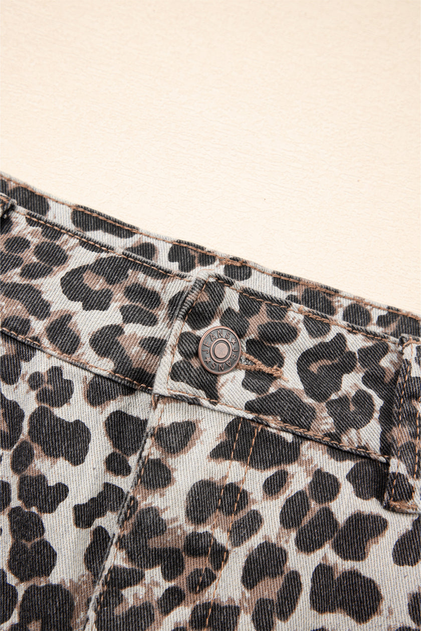 Khaki Leopard Denim Mini Skirt