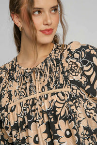 Black Floral Shirred Yoke Bracelet Sleeve Split Neck Boho Blouse