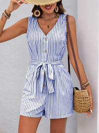 Perfee Striped V-Neck Tie Waist Romper