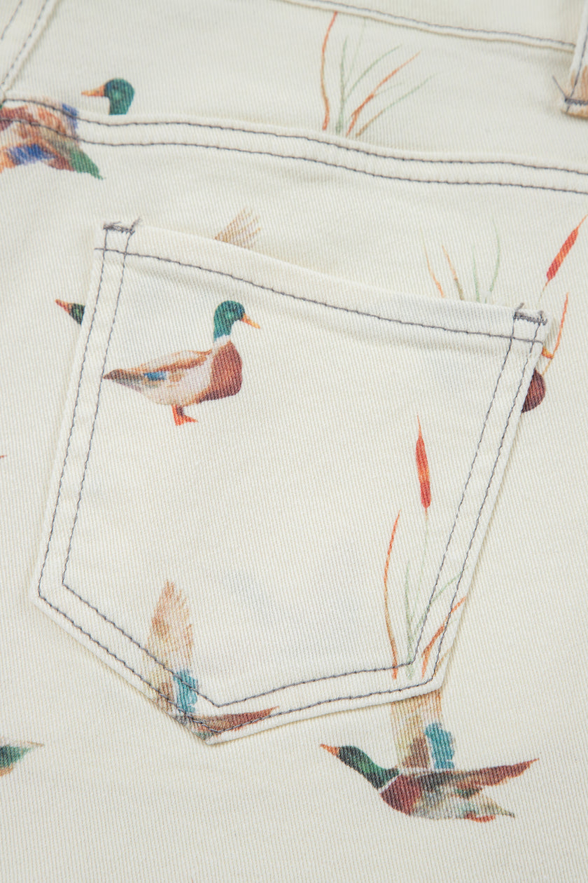 Beige Wild Duck Mallard High Waist Frayed Denim Shorts