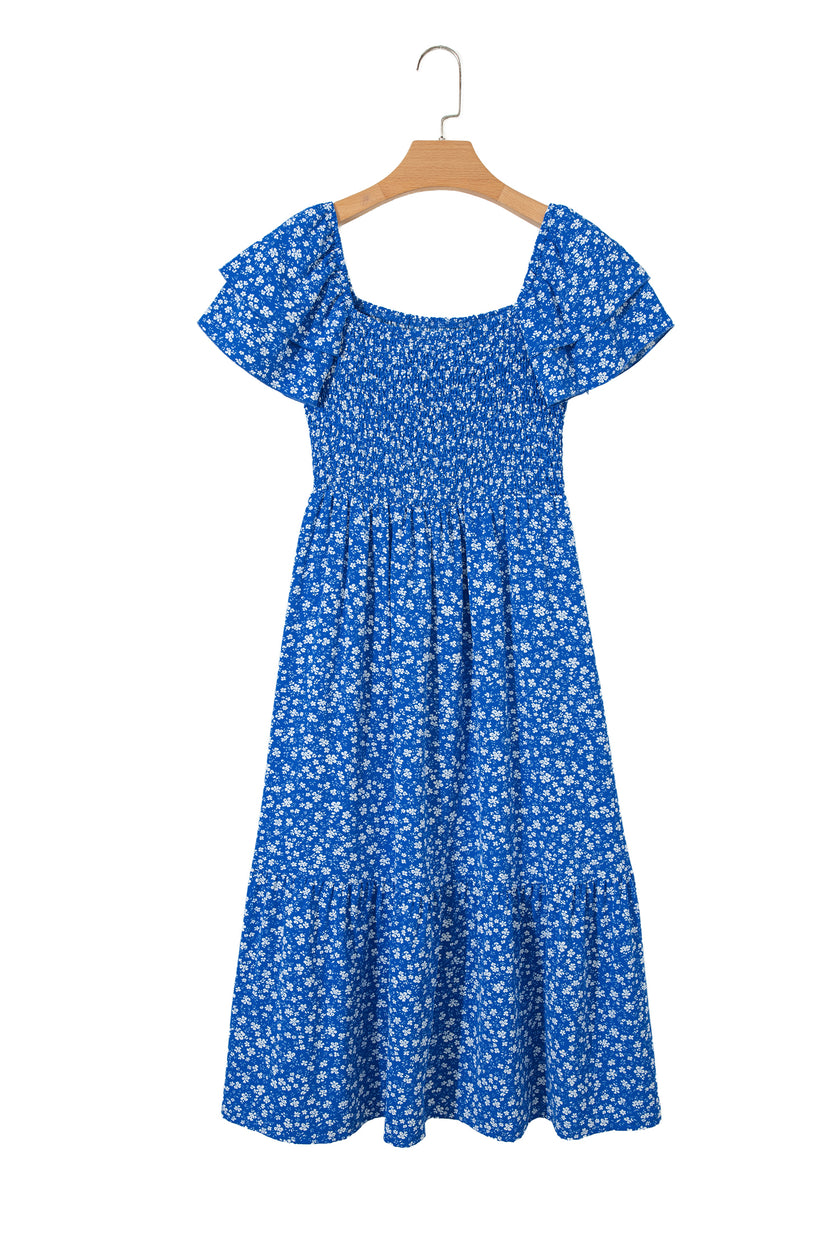 Blue Ditsy Floral Print Smocked Square Neck Ruffle Short Sleeve Dress