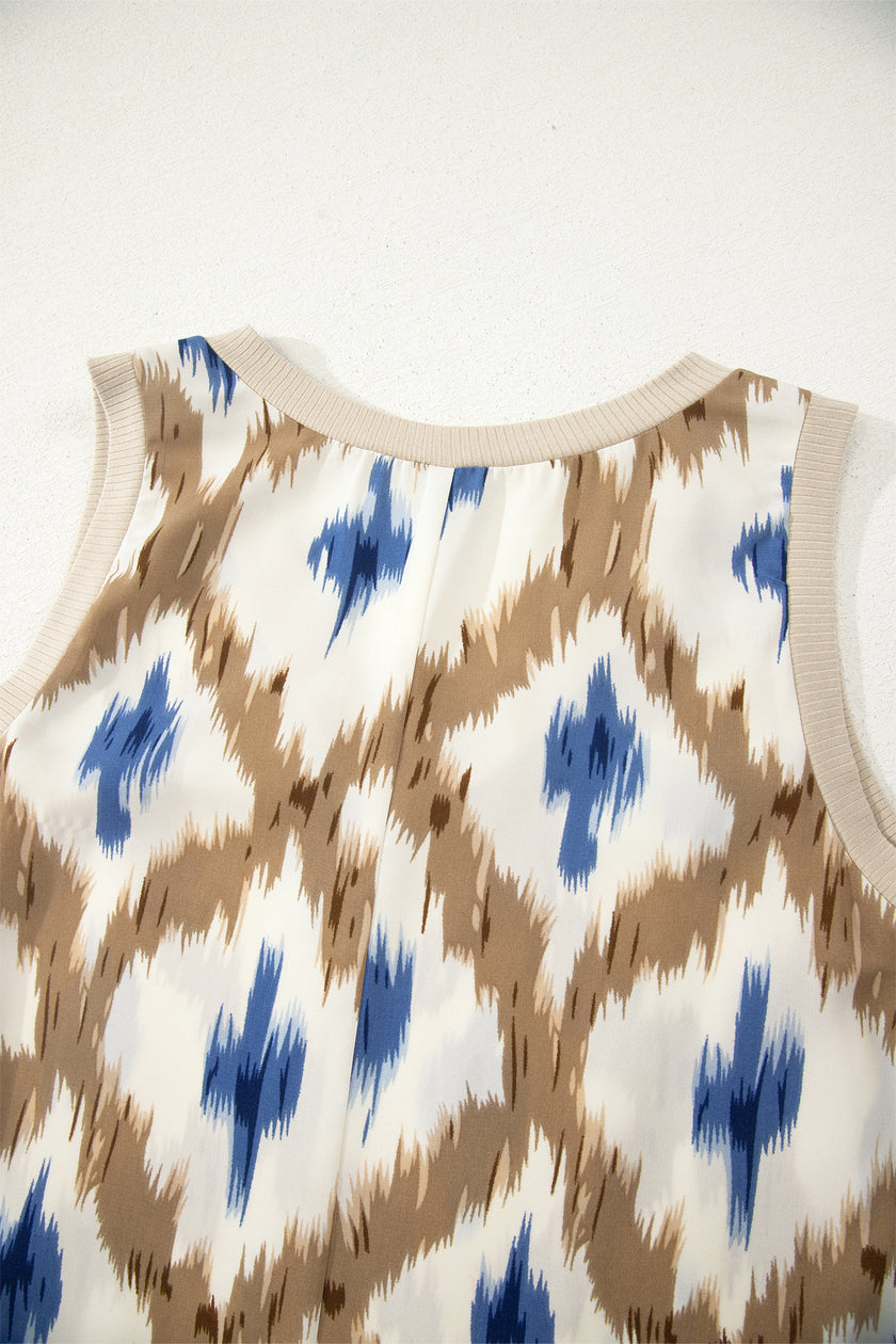 Khaki Boho Abstract Print V Neck Sleeveless Long Dress