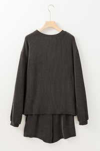 Carbon Grey Bowknot Patched Pattern Corded Long Sleeve Top and Shorts Outfit