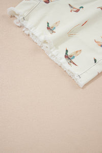 Beige Wild Duck Mallard High Waist Frayed Denim Shorts