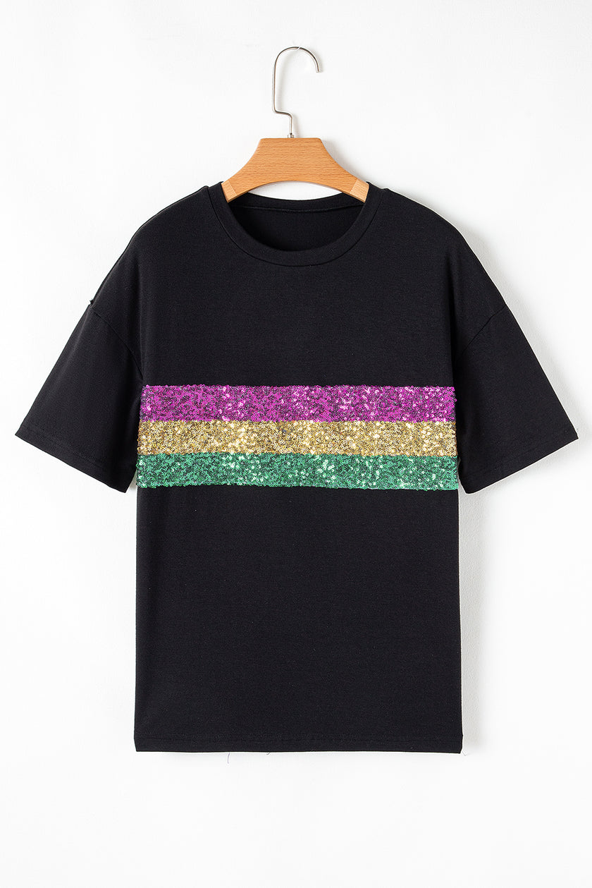 Black Sequin Stripes Patchwork Mardi Gras Crew Neck T Shirt