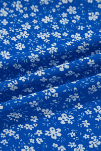 Blue Ditsy Floral Print Smocked Square Neck Ruffle Short Sleeve Dress