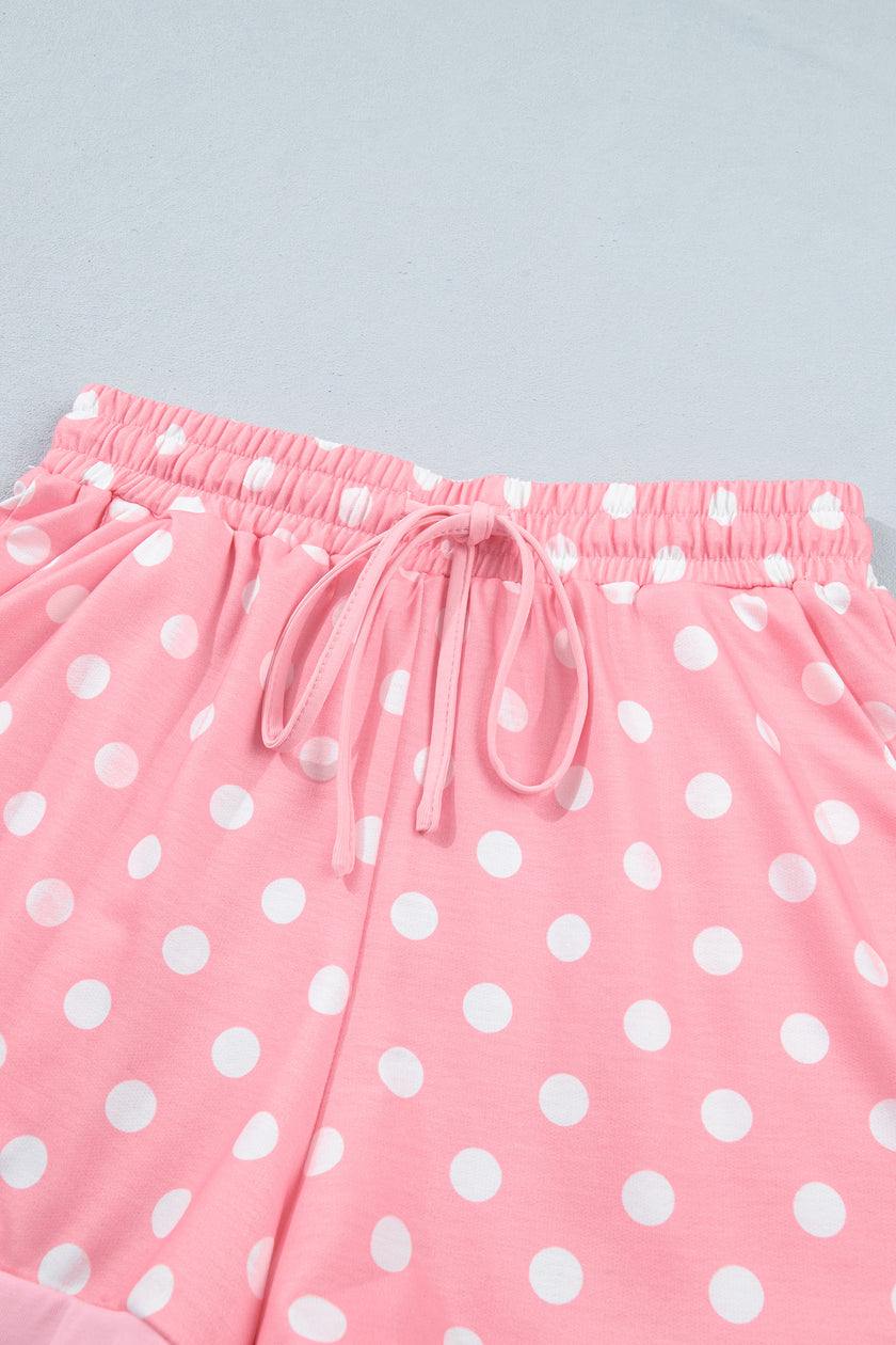 Pink Polka Dot Oversized Top Drawstring Short Set