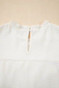 White Solid Color Ruffle Trim Waffle Knit Blouse