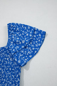 Blue Ditsy Floral Print Smocked Square Neck Ruffle Short Sleeve Dress