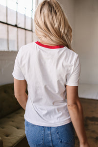 White Rainbow Stripe Print Contrast Crewneck T Shirt