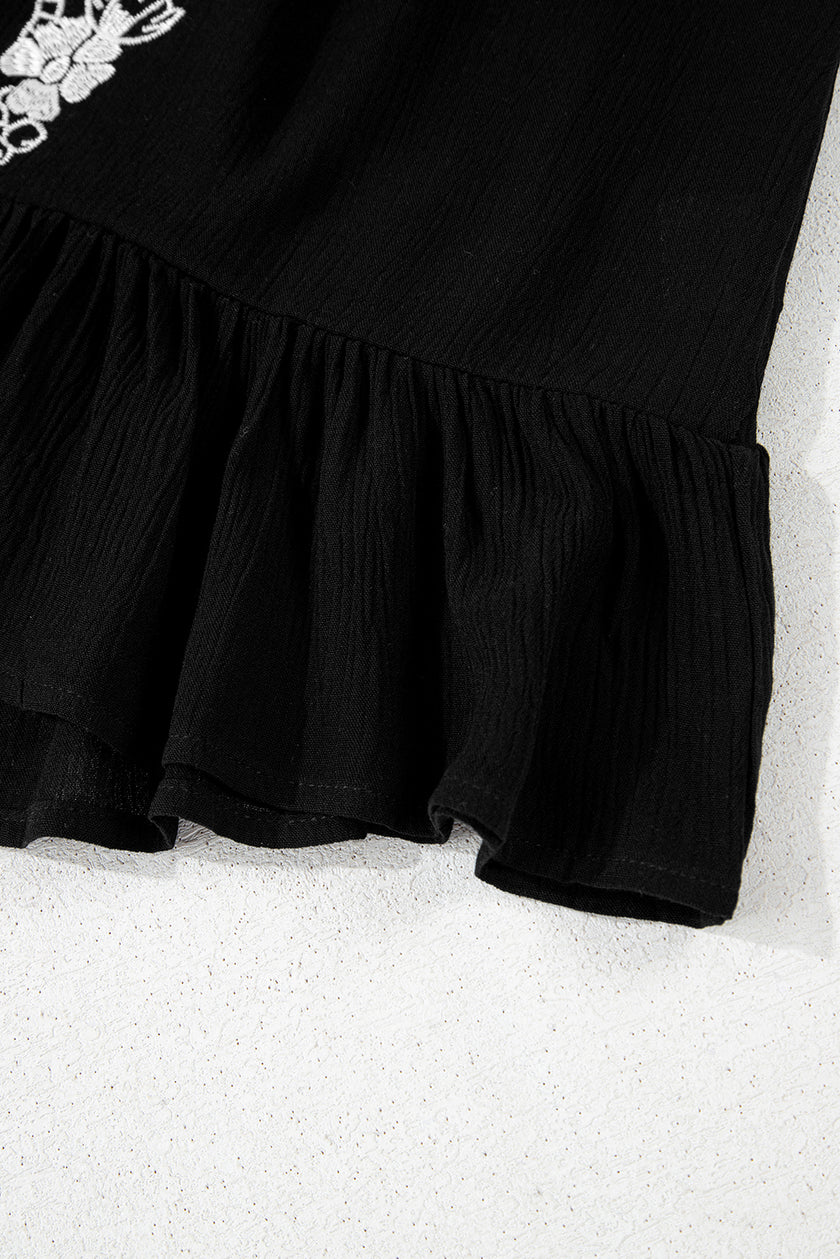 Black Floral Embroidery Ruffled Spaghetti Straps Tank Top