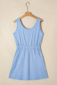 Sky Blue Mineral Wash Elastic Waist Tank Dress with Side Pockets