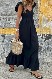 Black V Neck Flutter Sleeve Smocked Bodice High Waist Ruffle Maxi Dress