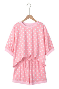 Pink Polka Dot Oversized Top Drawstring Short Set