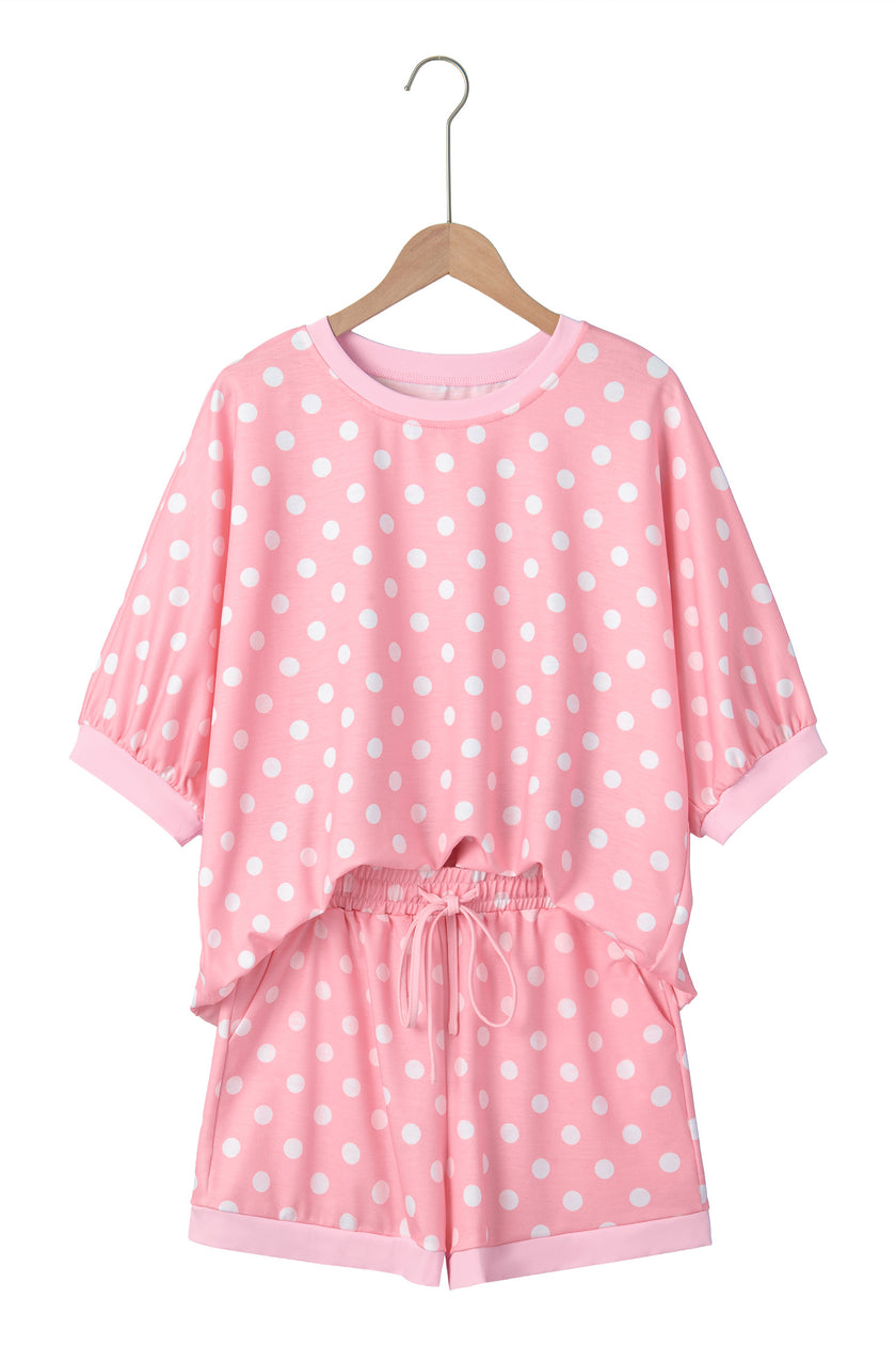 Pink Polka Dot Oversized Top Drawstring Short Set