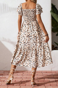Blue Ditsy Floral Print Smocked Square Neck Ruffle Short Sleeve Dress
