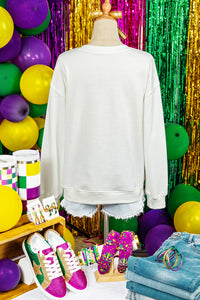 White mardi gras Fleur De Lis Embroidered Graphic Pullover Sweatshirt