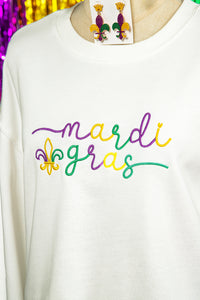 White mardi gras Fleur De Lis Embroidered Graphic Pullover Sweatshirt